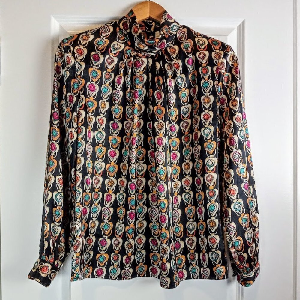 Vintage Marlis Multicolor Print Cowl Neck Satin Blouse
